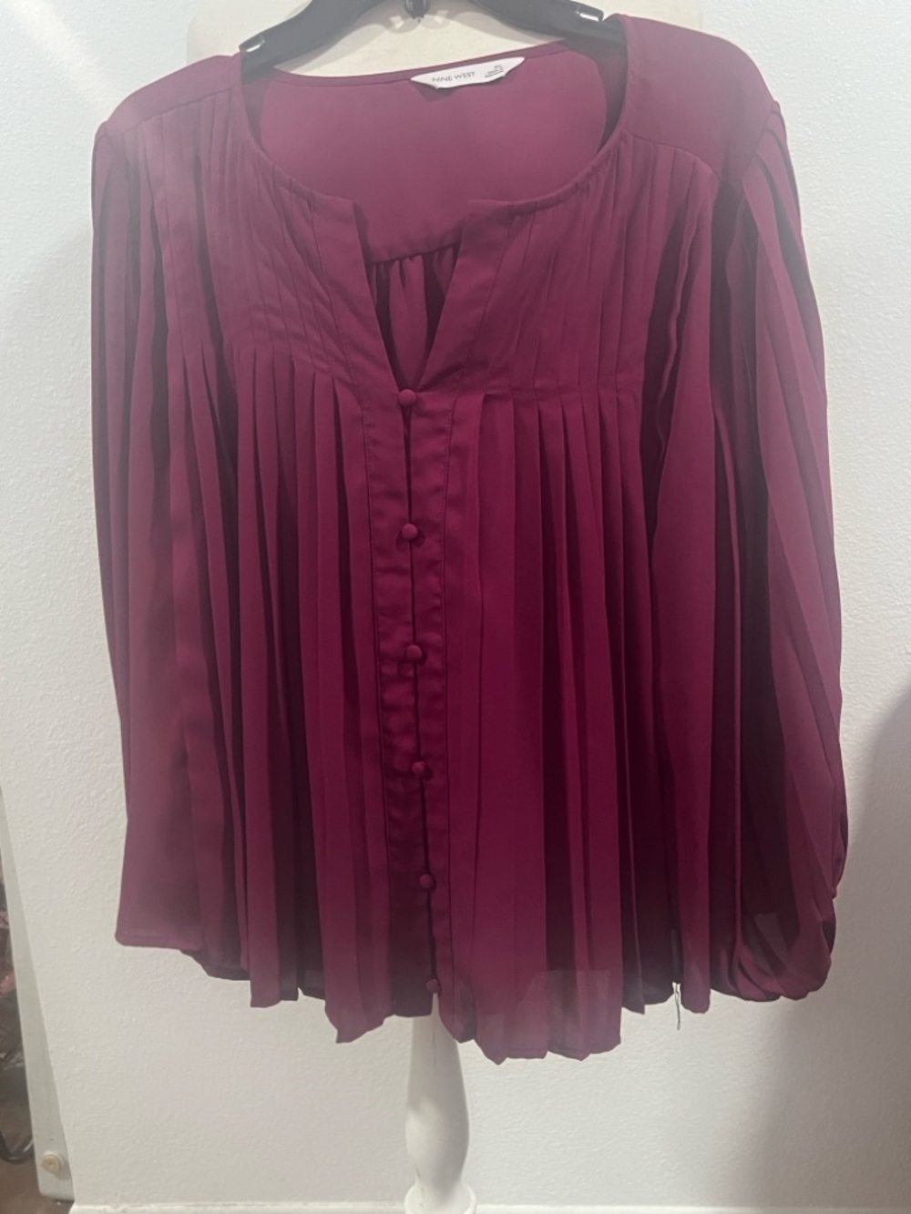 Nine West Burgundy Pleated Button-Front Blouse